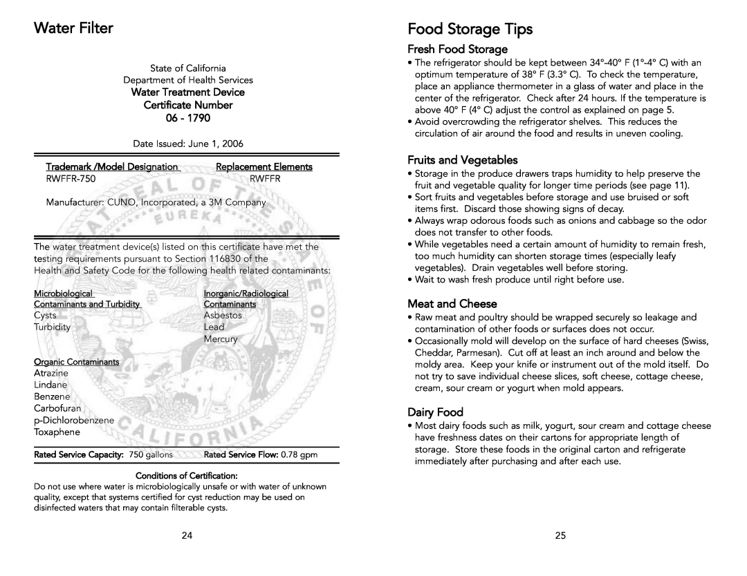 Viking Freestanding Side-by-Side Refrigerator/Freezer manual Food Storage Tips, Fresh Food Storage, Fruits and Vegetables 