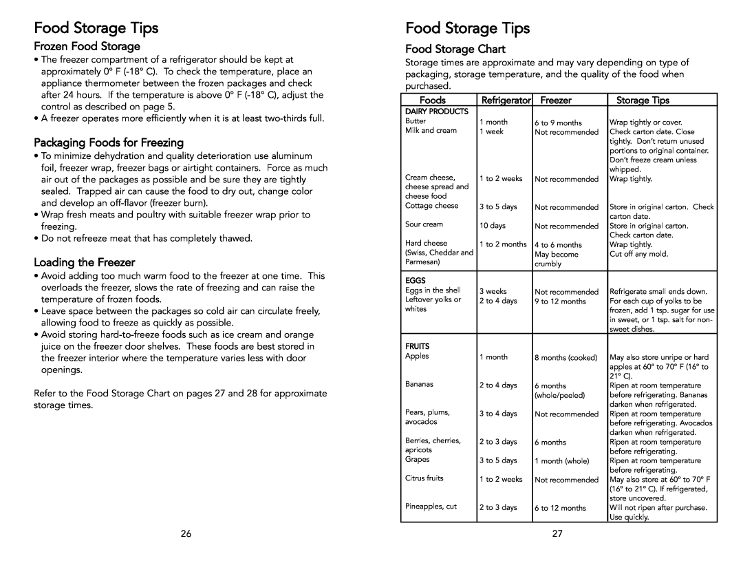 Viking Freestanding manual Frozen Food Storage, Packaging Foods for Freezing, Loading the Freezer, Food Storage Chart 