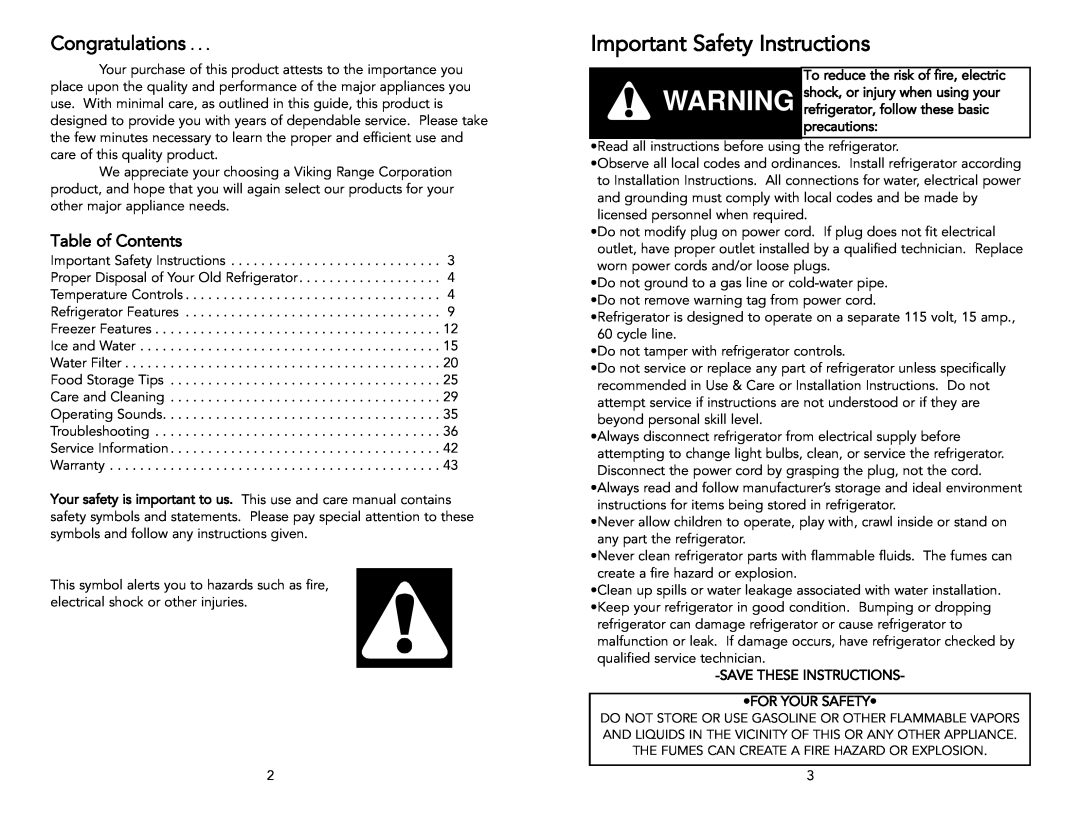 Viking Freestanding manual Important Safety Instructions, Congratulations, Table of Contents 