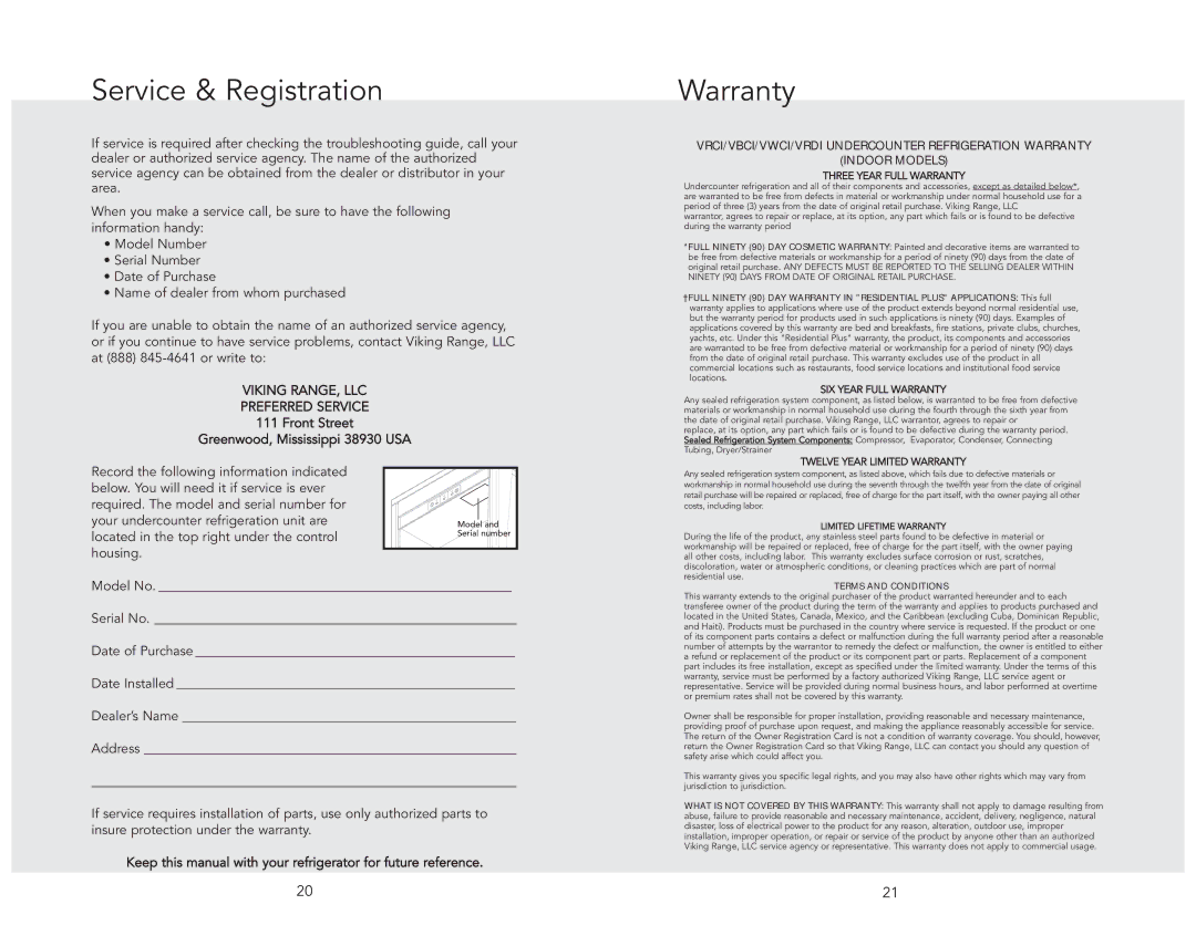 Viking VWCI1240GLSS, FWCI1240GR, VWC11150GRSS, VWC11150GLSS, VWCI1240GRSS manual Service & Registration, Warranty 