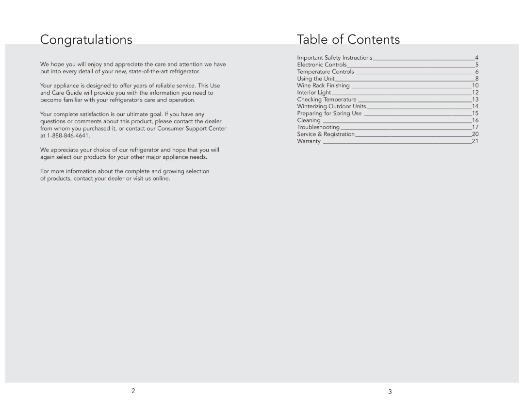 Viking FWCI1240GR, VWC11150GRSS, VWCI1240GLSS, VWC11150GLSS, VWCI1240GRSS manual Congratulations, Table of Contents 