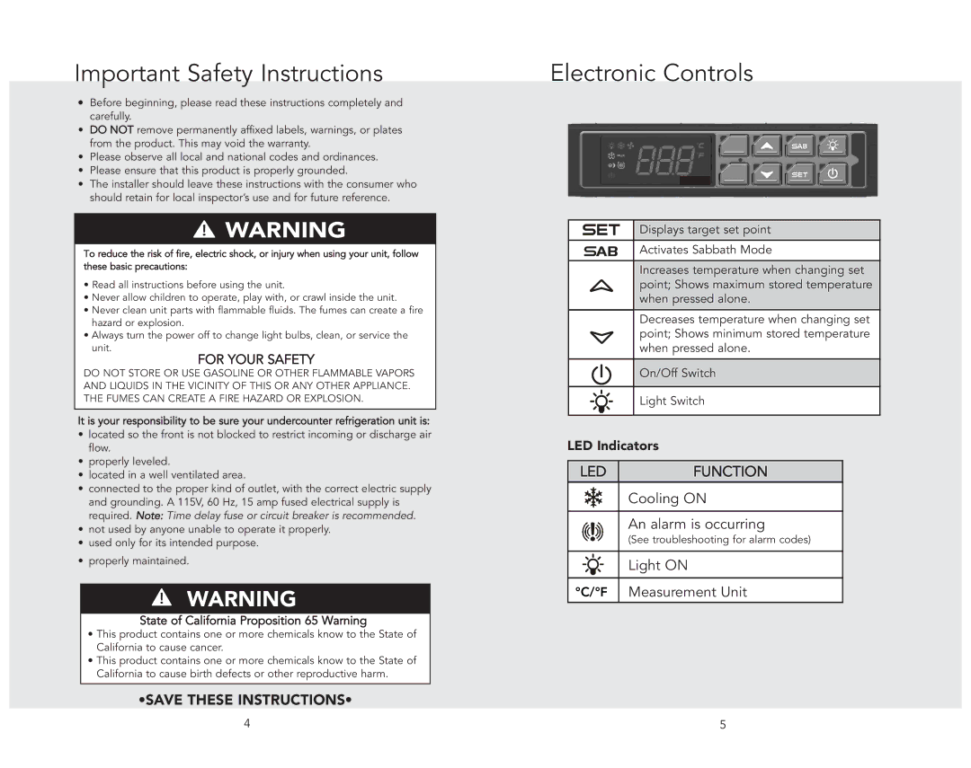 Viking VWC11150GRSS, FWCI1240GR, VWCI1240GLSS manual Important Safety Instructions, Electronic Controls, LED Indicators 