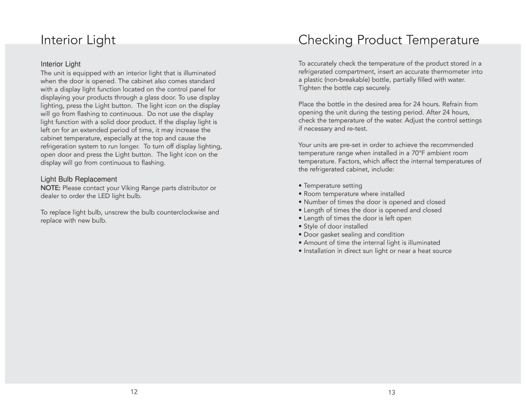 Viking FWCI1240GR, VWC11150GRSS, VWCI1240GLSS manual Interior Light, Checking Product Temperature, Light Bulb Replacement 