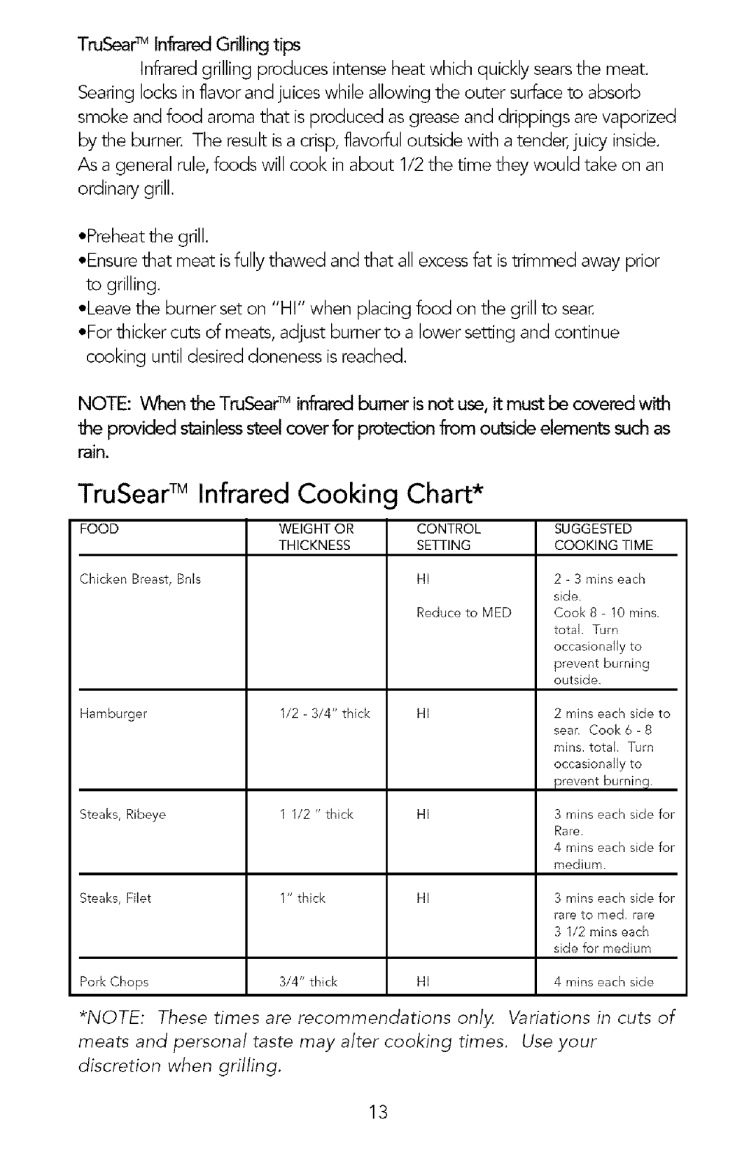 Viking Gas Grill manual TruSear TM Infrared Cooking Chart 