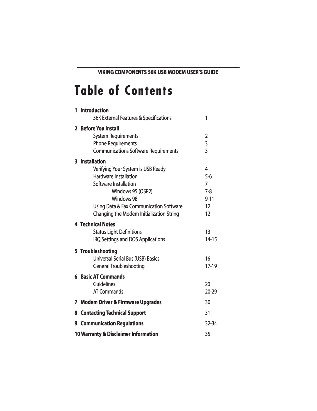 Viking InterWorks 56K manual Table of Contents 