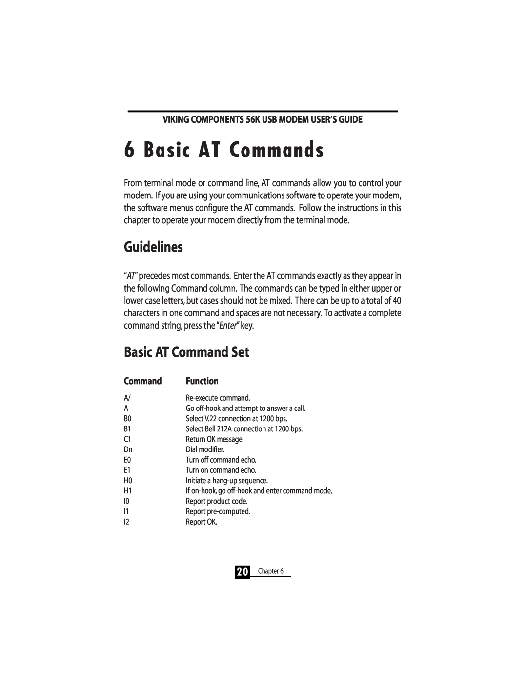 Viking InterWorks 56K manual Basic AT Commands, Guidelines, Basic AT Command Set 