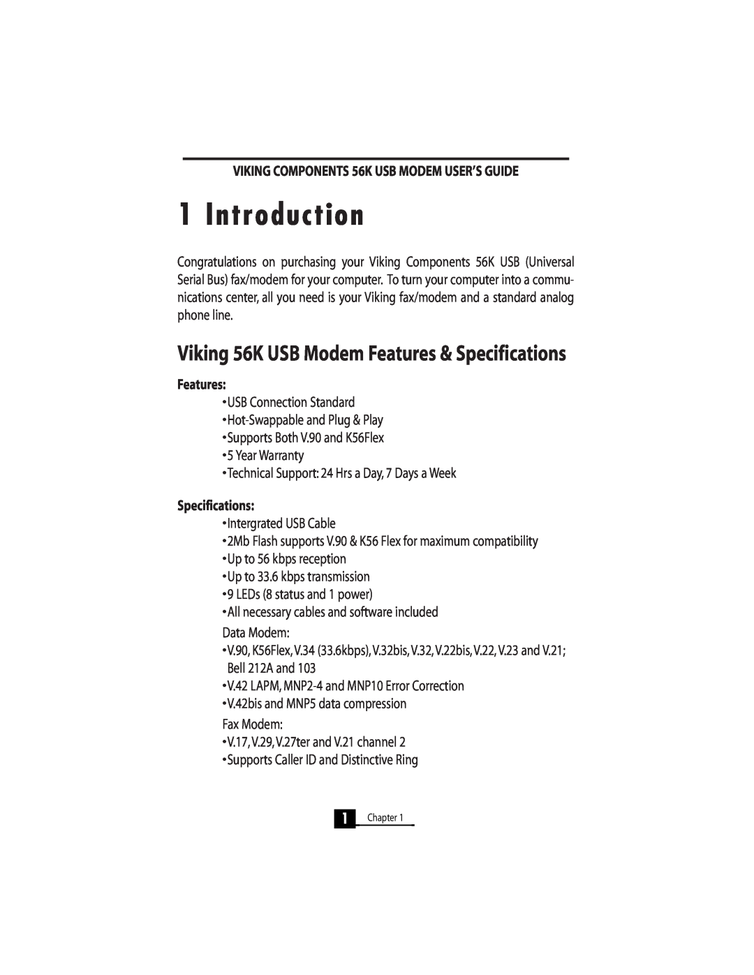 Viking InterWorks manual Introduction, Viking 56K USB Modem Features & Specifications 