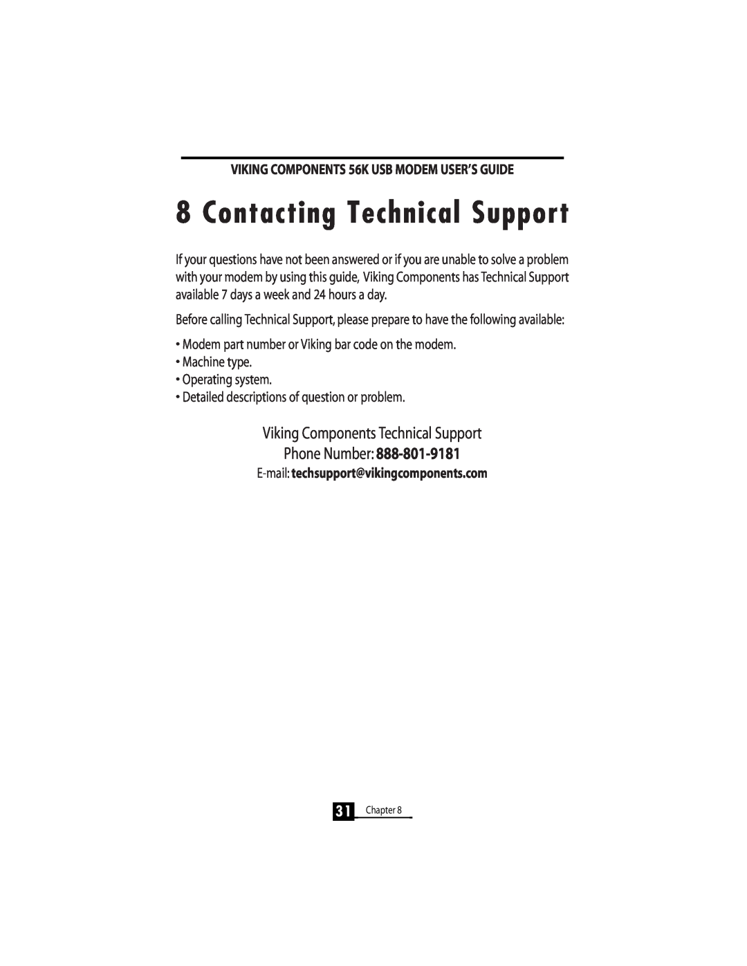Viking InterWorks 56K manual Contacting Technical Support, Viking Components Technical Support Phone Number 