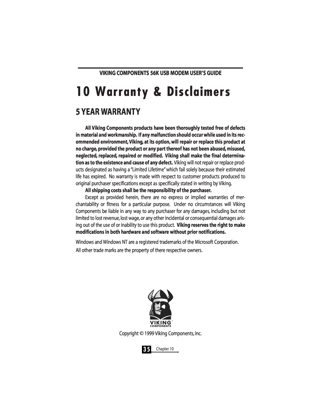 Viking InterWorks 56K manual Warranty & Disclaimers, Year Warranty, Copyright 1999 Viking Components, Inc 