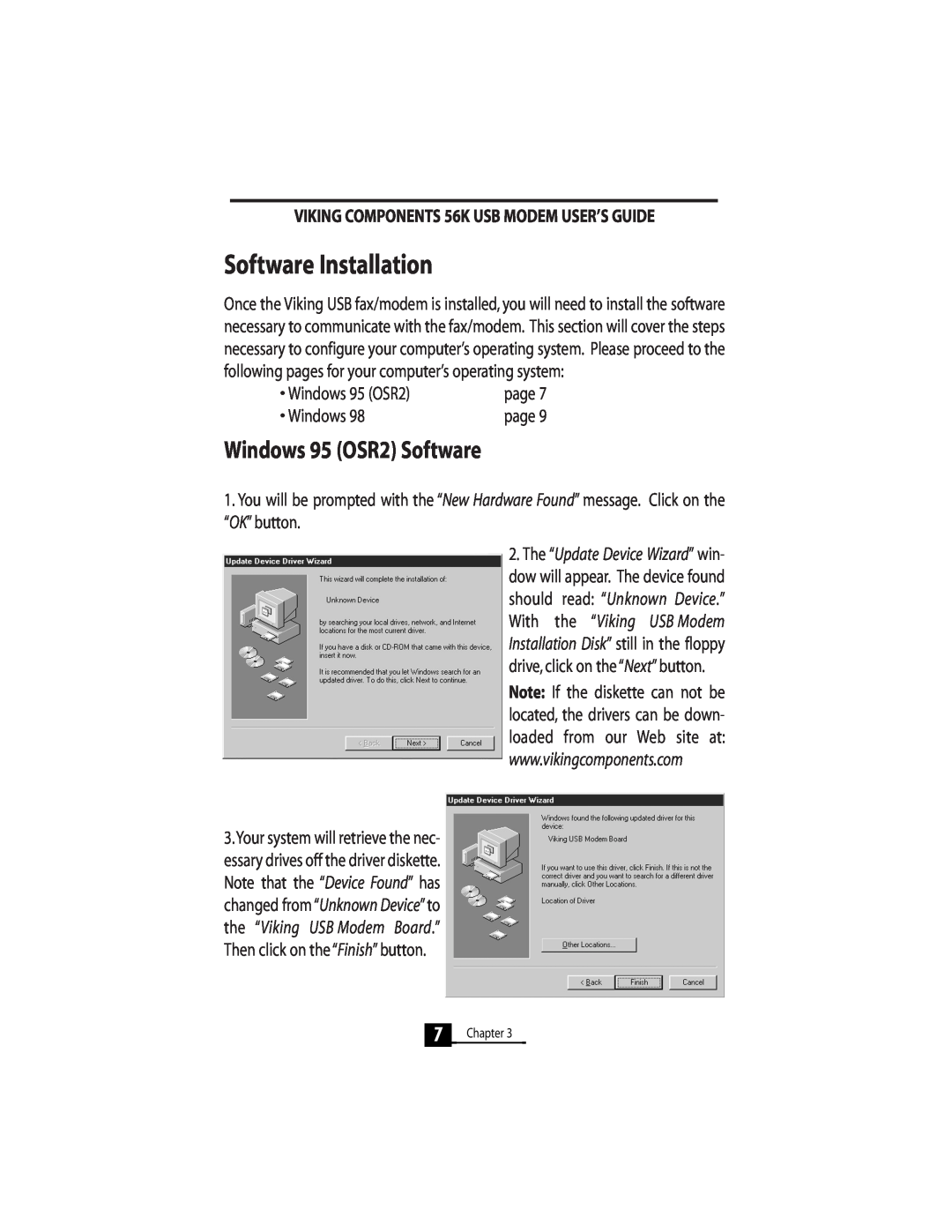 Viking InterWorks 56K manual Software Installation, Windows 95 OSR2 Software 