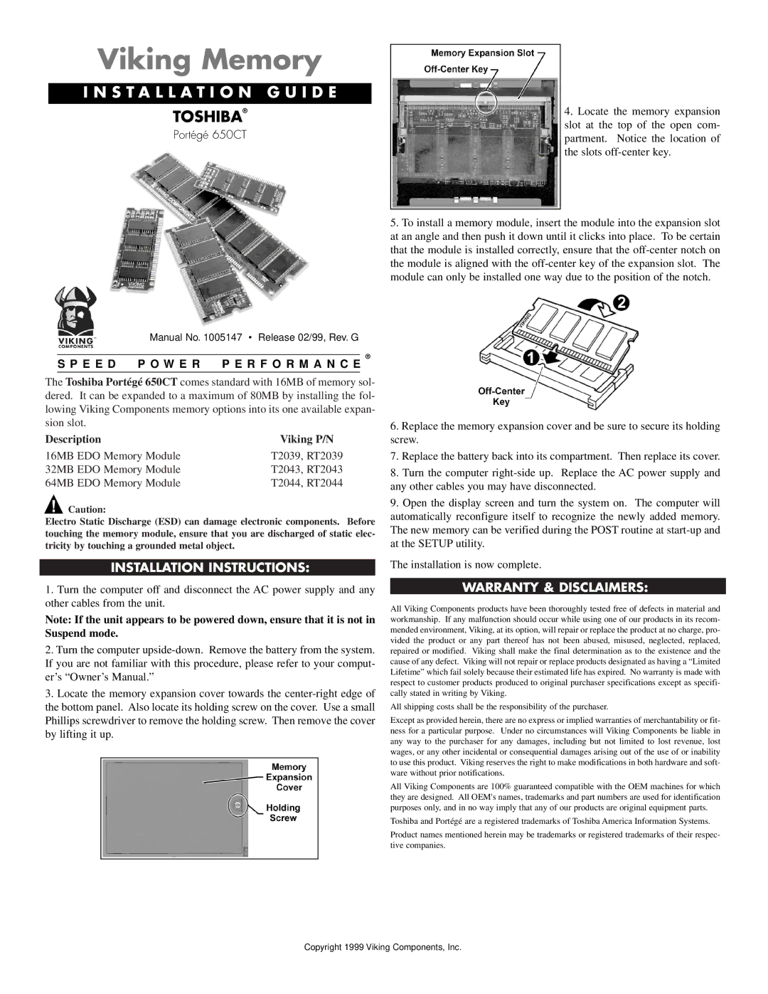 Viking InterWorks 650CT installation instructions Viking Memory, Installation G U I D E, Toshiba, Warranty & Disclaimers 