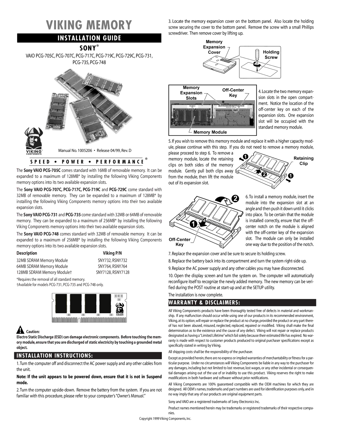 Viking InterWorks PCG-707C installation instructions Viking Memory, Installation Guide, Sony, Installation Instructions 