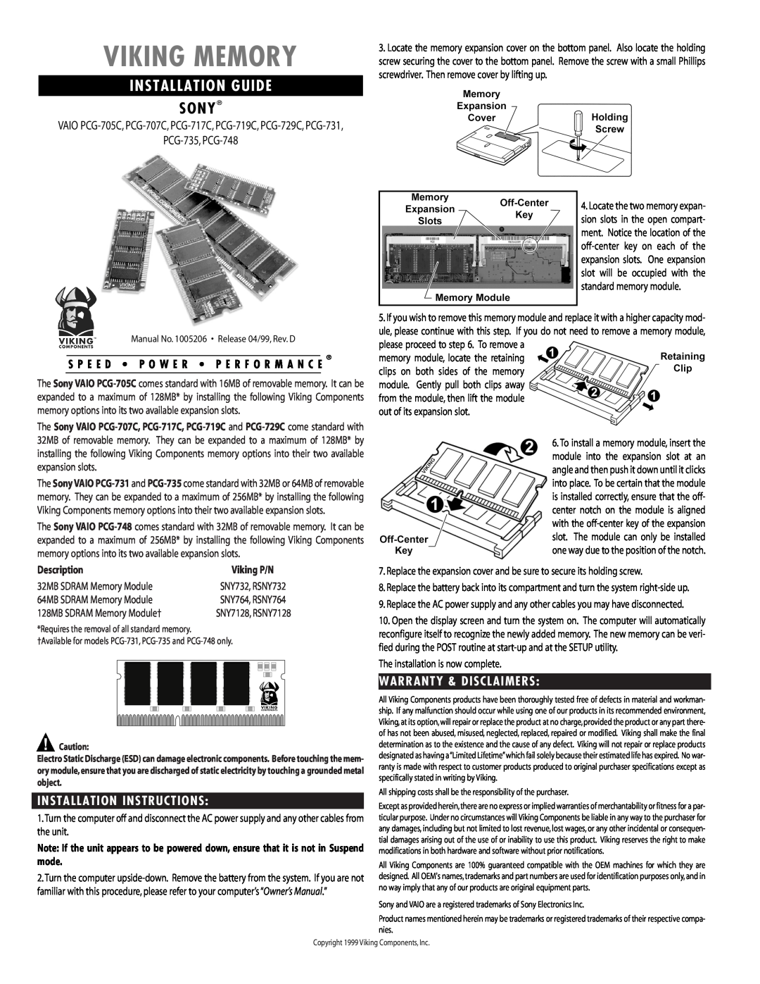 Viking InterWorks PCG-707C, PCG-717C installation instructions Viking Memory, Installation Guide, Sony, PCG-735, PCG-748 