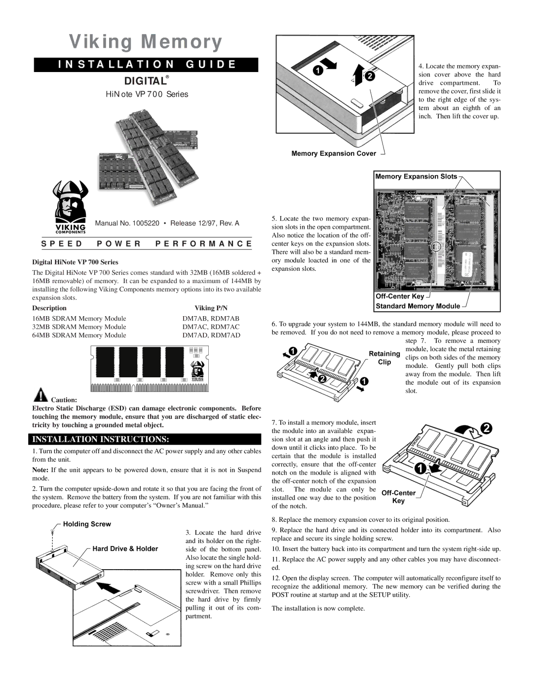 Viking InterWorks VP 700 Series installation instructions Viking Memory, Installation G U I D E, Digital 