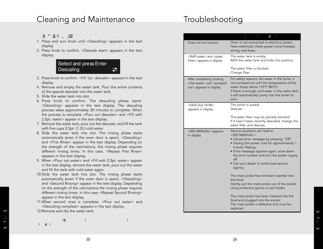 Viking J690.150 manual Troubleshooting, Select and press Enter Descaling 