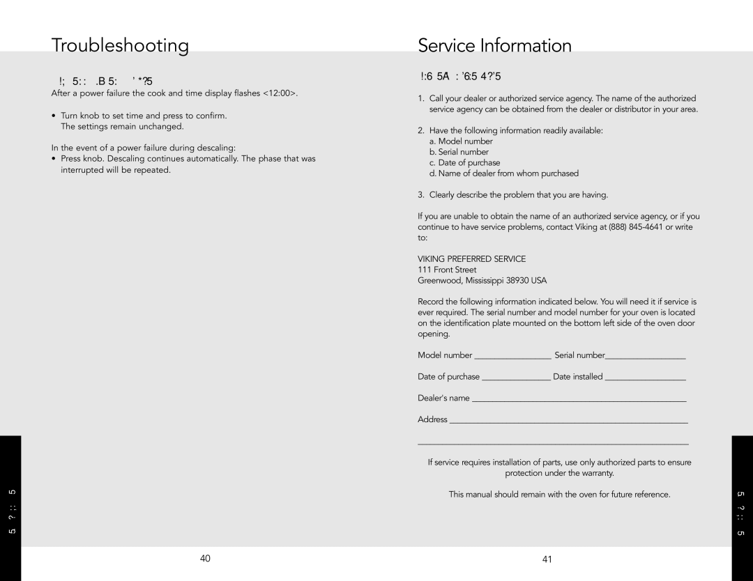 Viking J690.150 manual Service Information, After a Power Failure, If service is required 