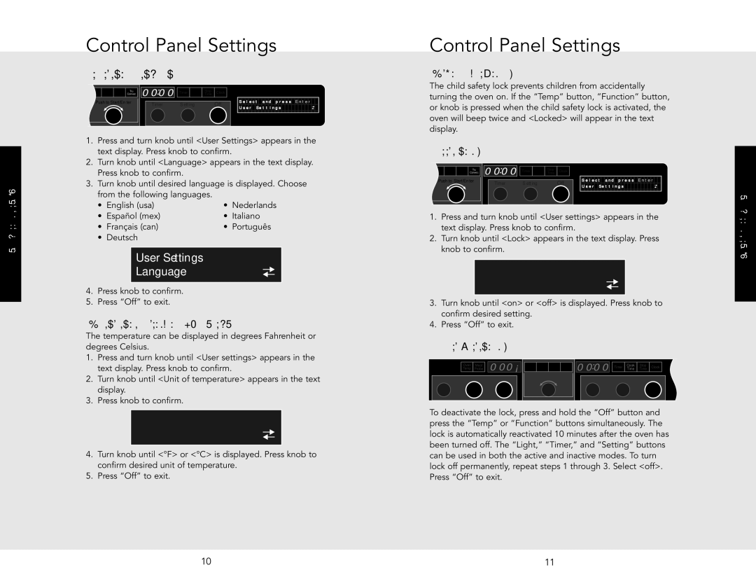 Viking J690.150 Control Panel Settings, User Settings Language, User Settings Unit of Temperature, User Settings Lock 