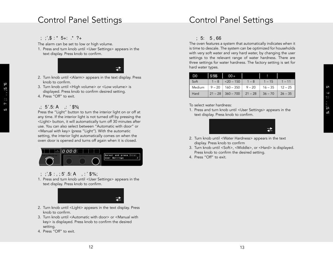 Viking J690.150 manual User Settings Alarm, User Settings Light, User Settings Water Hardness 