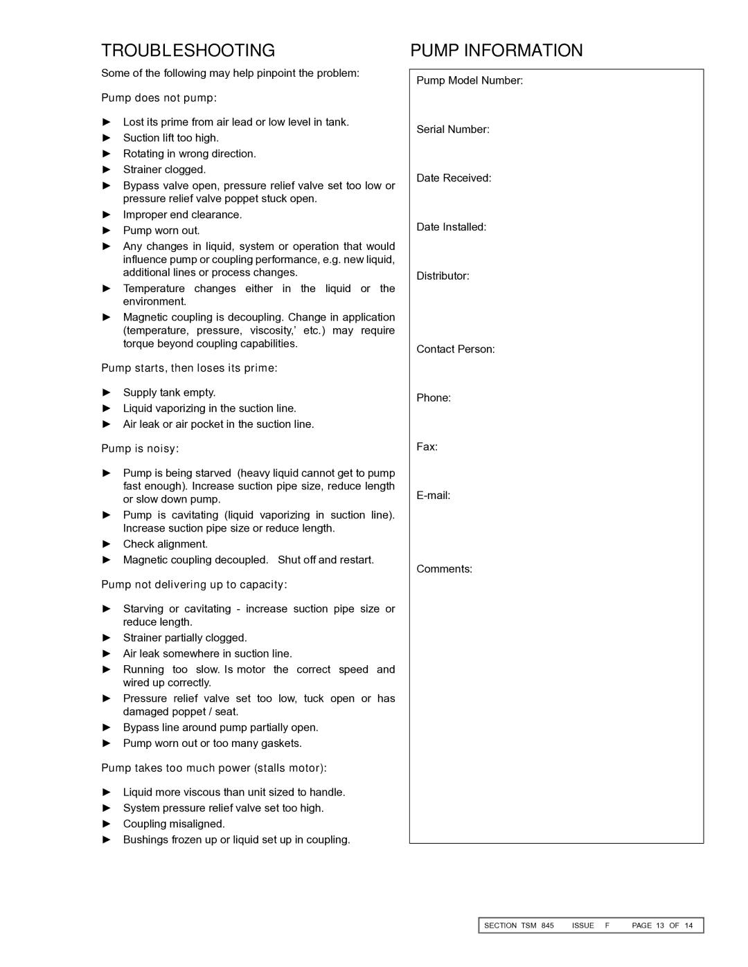 Viking KK827, KK825, K-825, K-823, KK823, K-827 service manual Troubleshooting, Pump Information 