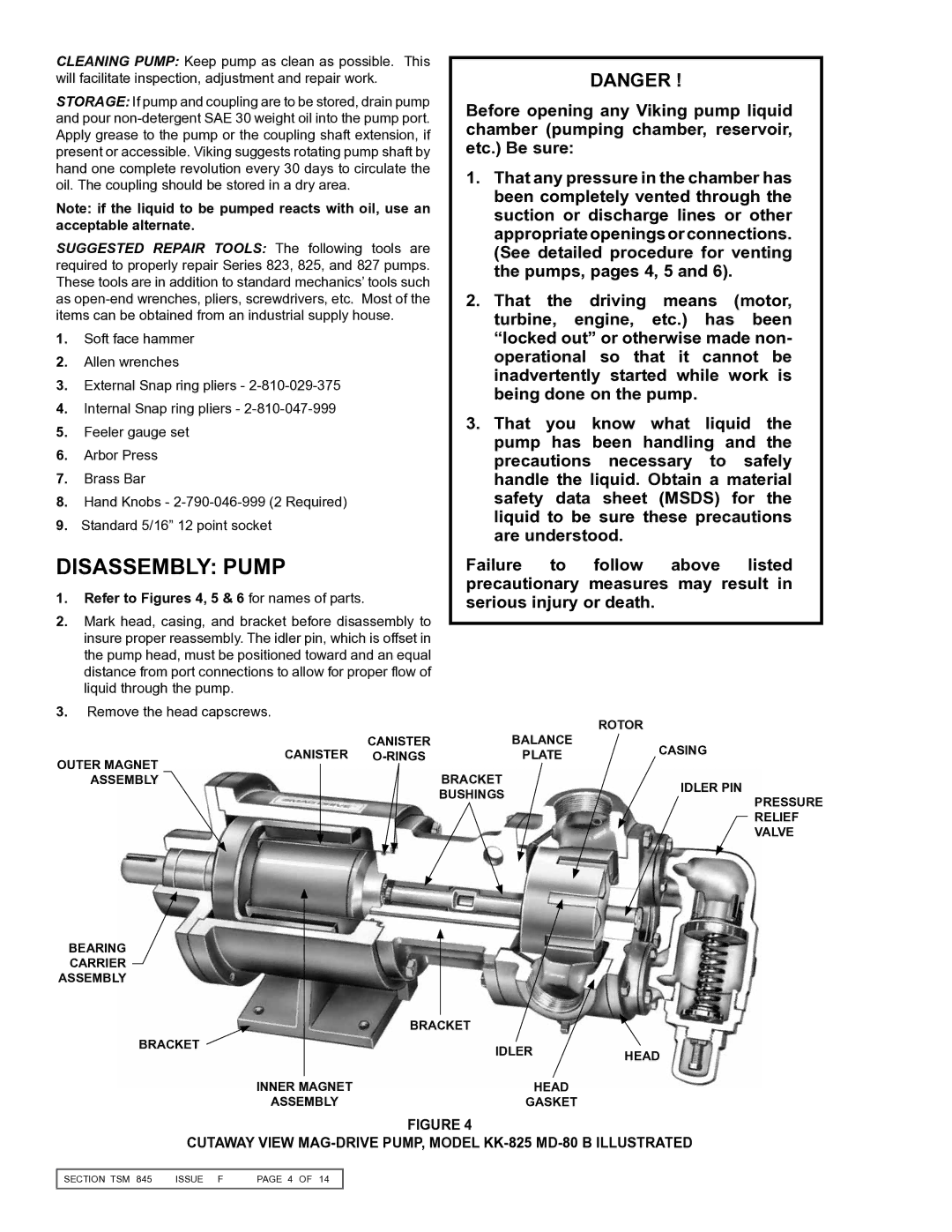 Viking KK823, KK825, KK827, K-825, K-823, K-827 service manual Disassembly Pump, Refer to Figures 4, 5 & 6 for names of parts 