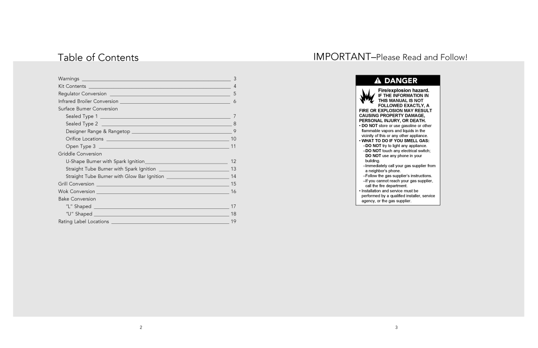 Viking LPKPDR manual Table of Contents 