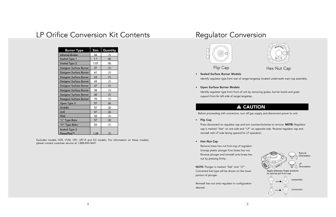 Viking LPKPDR manual LP Orifice Conversion Kit Contents, Regulator Conversion 