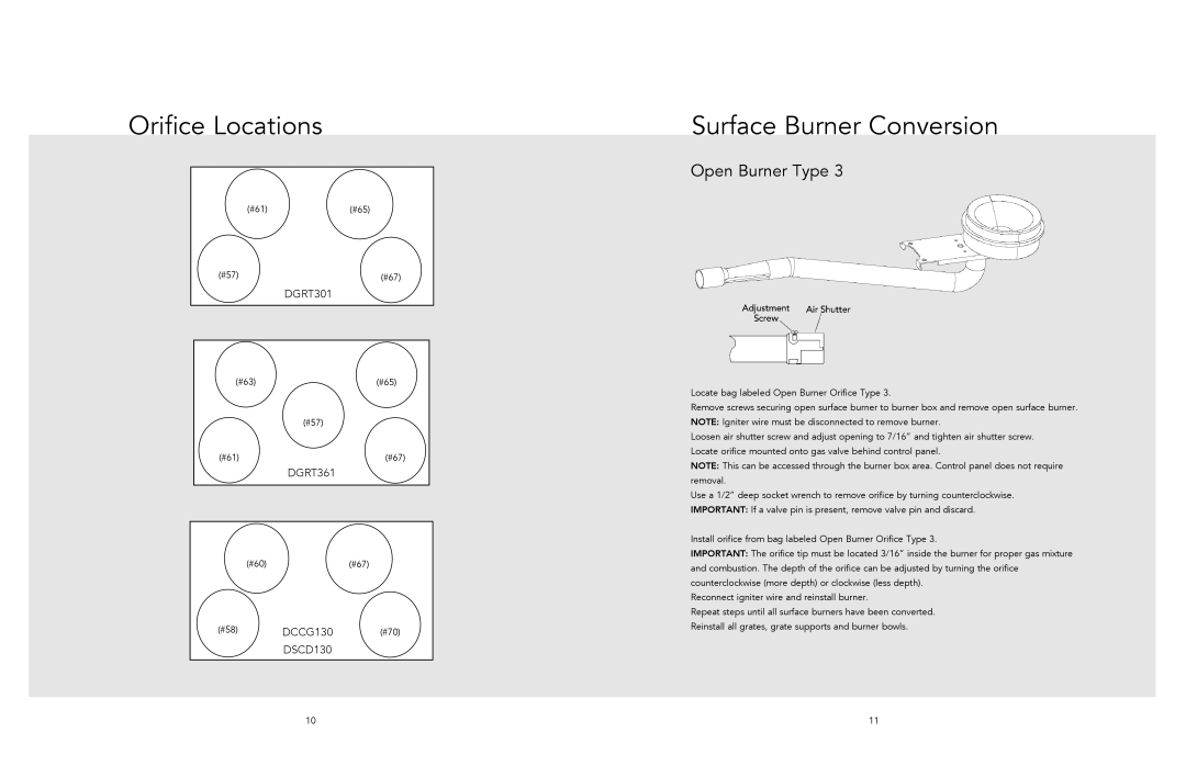 Viking LPKPDR manual Orifice Locations, Open Burner Type 