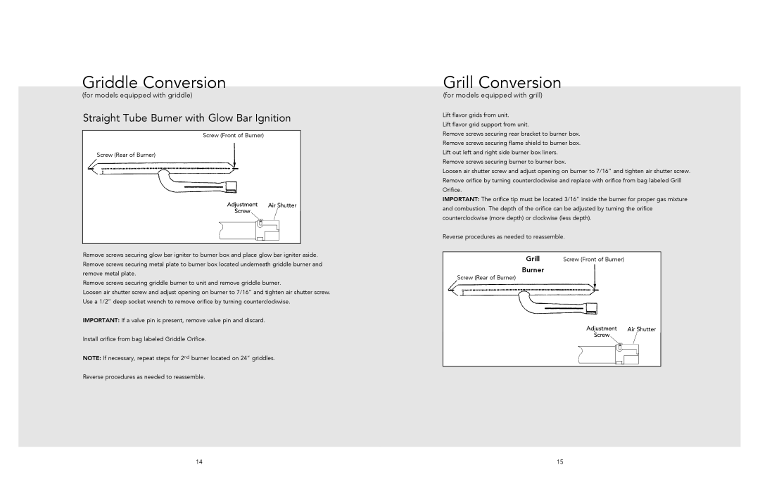Viking LPKPDR manual Grill Conversion, Straight Tube Burner with Glow Bar Ignition 