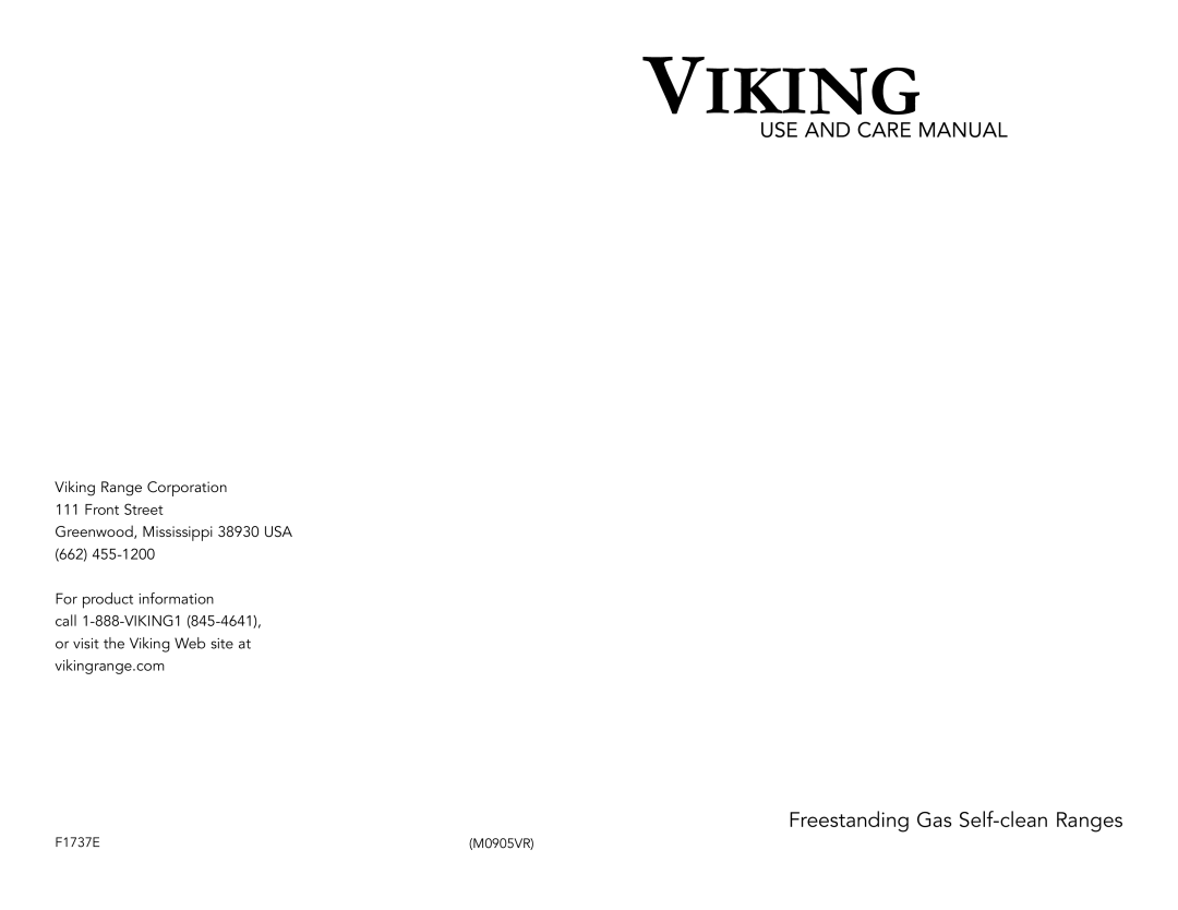 Viking M0905VR manual Use And Care Manual, Freestanding Gas Self-clean Ranges, Viking 