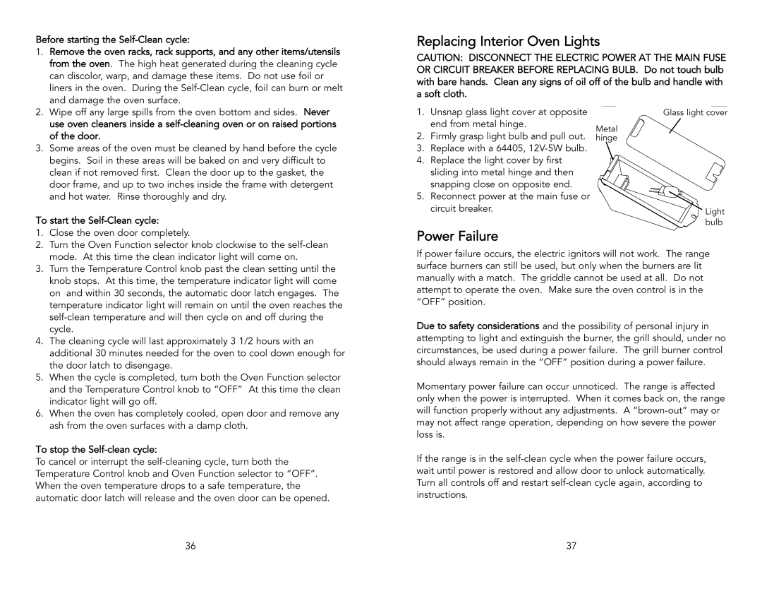 Viking M0905VR manual Replacing Interior Oven Lights, Power Failure 