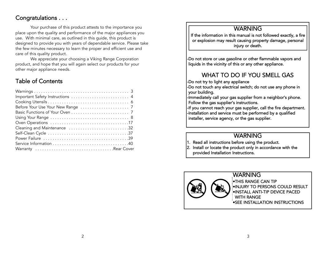 Viking M0905VR manual Congratulations, Table of Contents, What To Do If You Smell Gas 