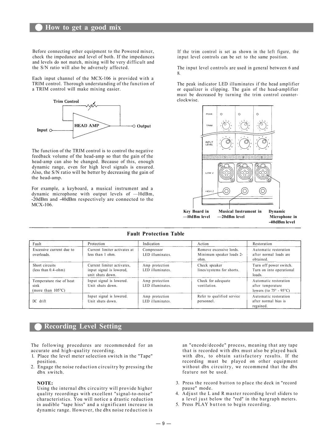 Viking MCX-106 instruction manual How to get a good mix, Recording Level Setting, Microphone 