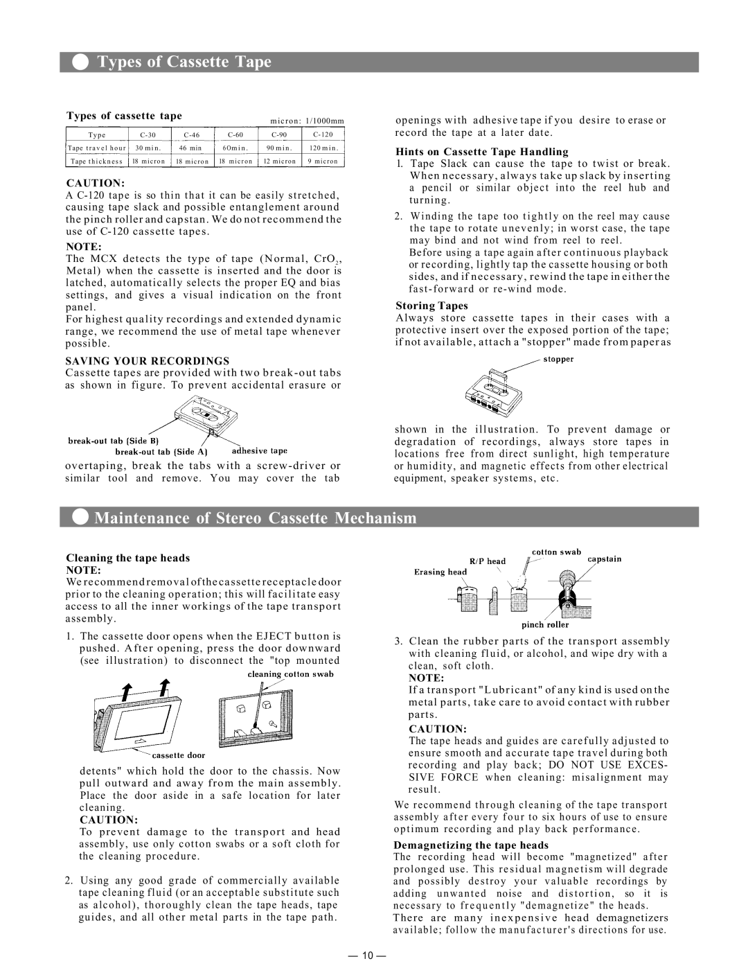 Viking MCX-106 instruction manual Types of Cassette Tape, Maintenance of Stereo Cassette Mechanism 