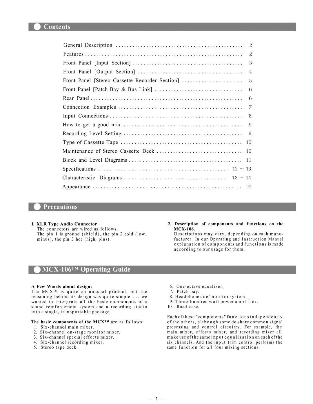 Viking instruction manual Contents, Precautions, MCX-106 Operating Guide 