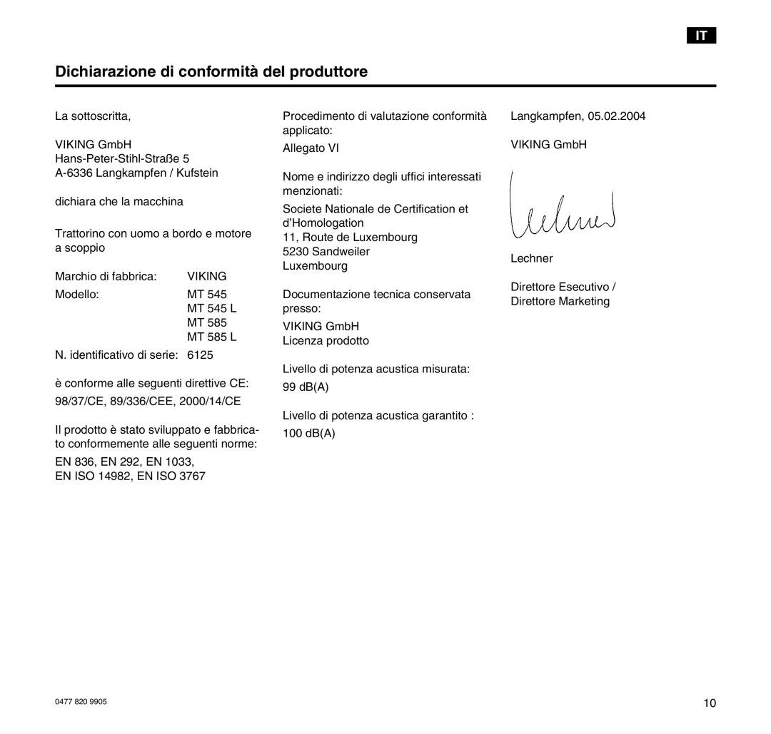 Viking MT 545/MT 545L/MT 585/MT 585L manual Dichiarazione di conformità del produttore 