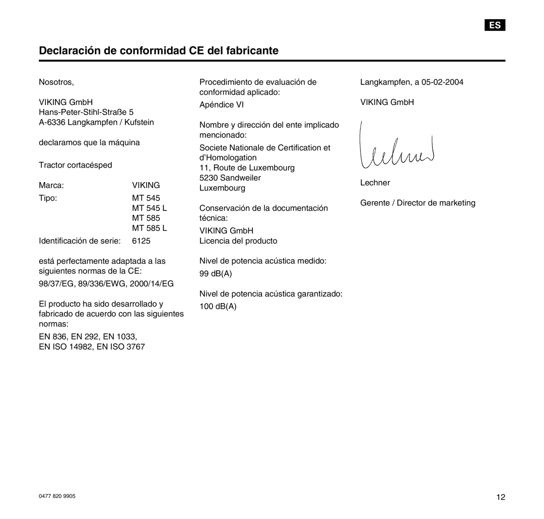 Viking MT 545/MT 545L/MT 585/MT 585L manual Declaración de conformidad CE del fabricante 