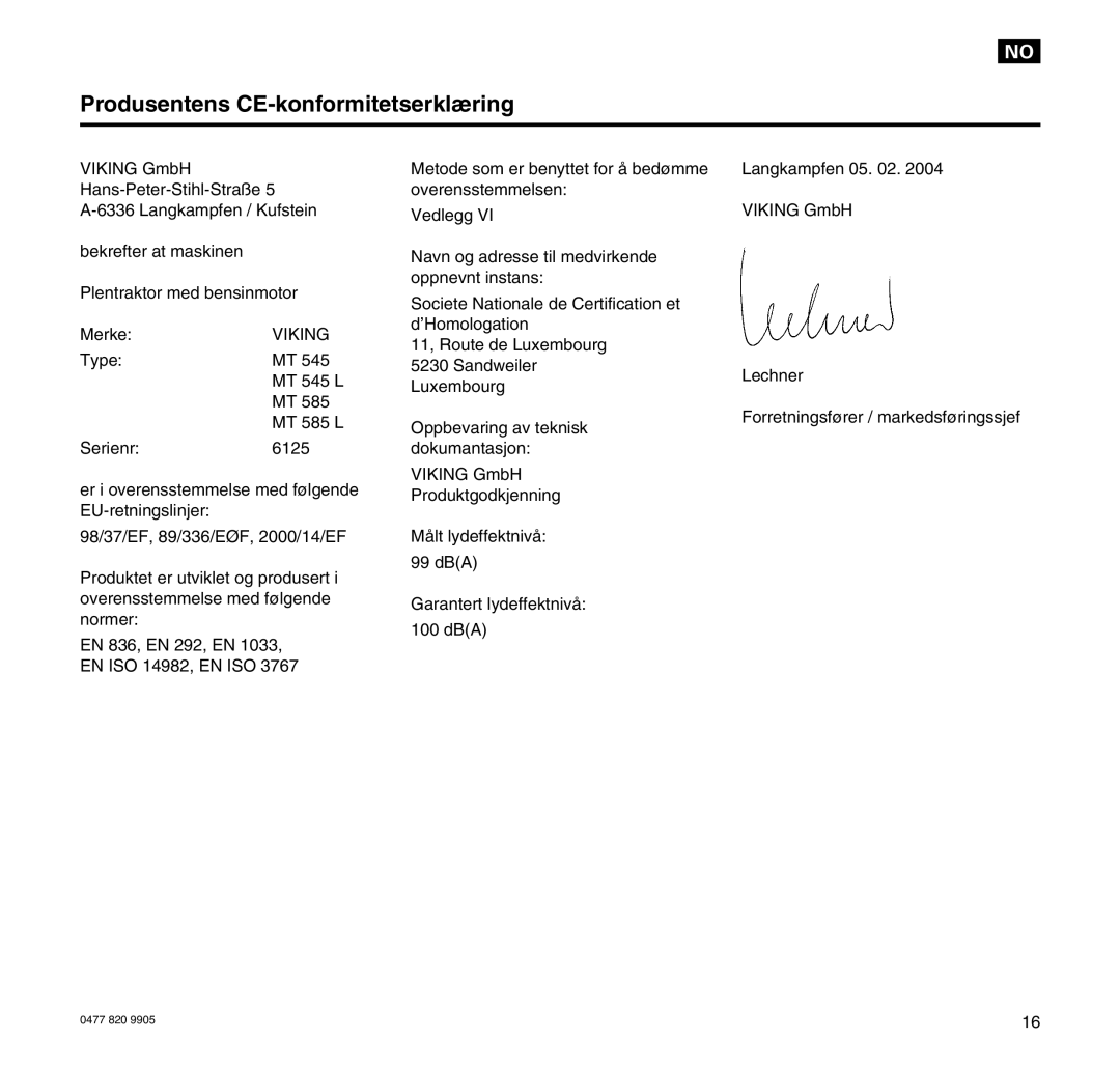 Viking MT 545/MT 545L/MT 585/MT 585L manual Produsentens CE-konformitetserklæring 