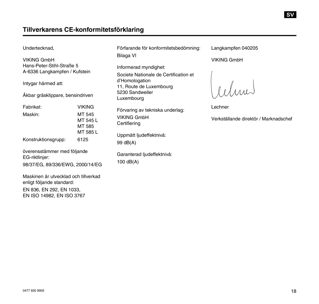 Viking MT 545/MT 545L/MT 585/MT 585L manual Tillverkarens CE-konformitetsförklaring 