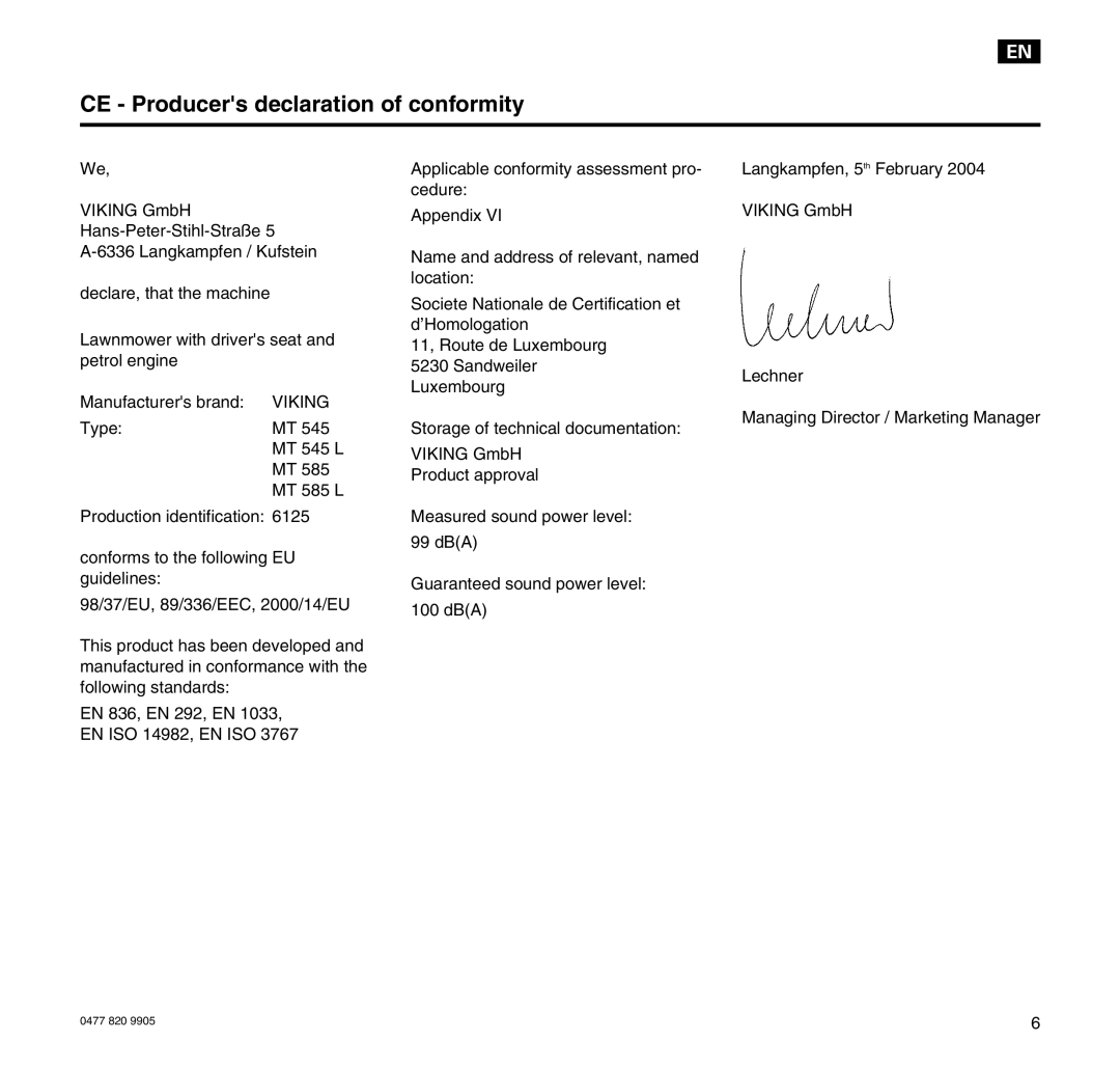 Viking MT 545/MT 545L/MT 585/MT 585L manual CE Producers declaration of conformity 