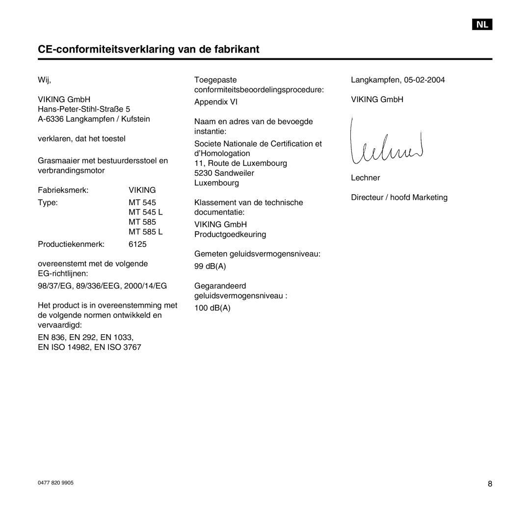 Viking MT 545/MT 545L/MT 585/MT 585L manual CE-conformiteitsverklaring van de fabrikant 