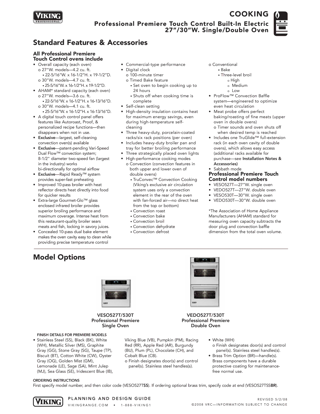 Viking O127T, O130T manual All Professional Premiere Touch Control ovens include, VESO527T/530T VEDO527T/530T 