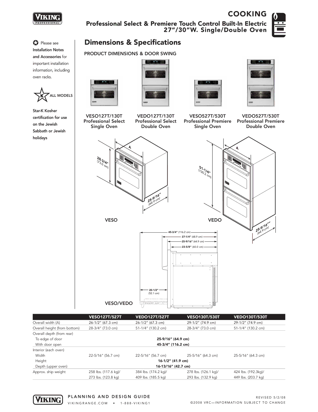 Viking O130T manual Dimensions & Specifications, VESO127T/130T VEDO127T/130T VESO527T/530T VEDO527T/530T, 03/4 