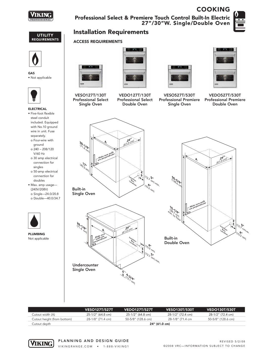 Viking O127T, O130T Installation Requirements, Built-in Single Oven, Min, Undercounter Single Oven, Built-in Double Oven 