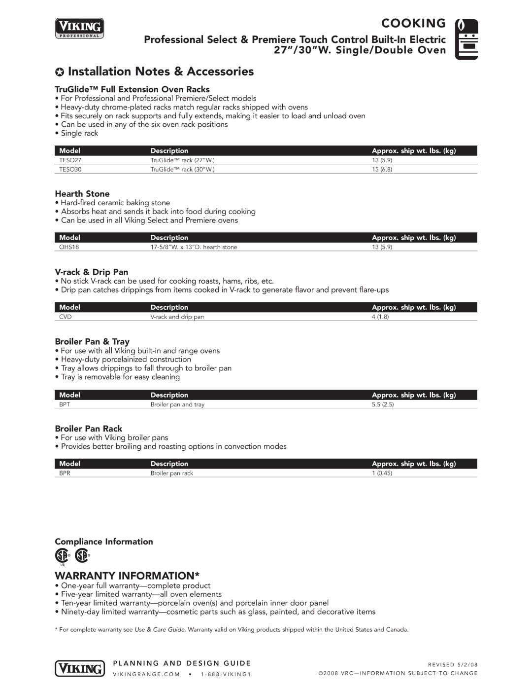 Viking O130T, O127T manual Installation Notes & Accessories 