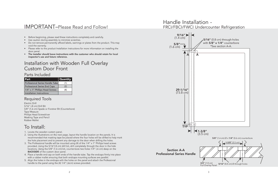 Viking phk30 professional series handle kit manual Handle Installation, FRCI/FBCI/FWCI Undercounter Refrigeration 