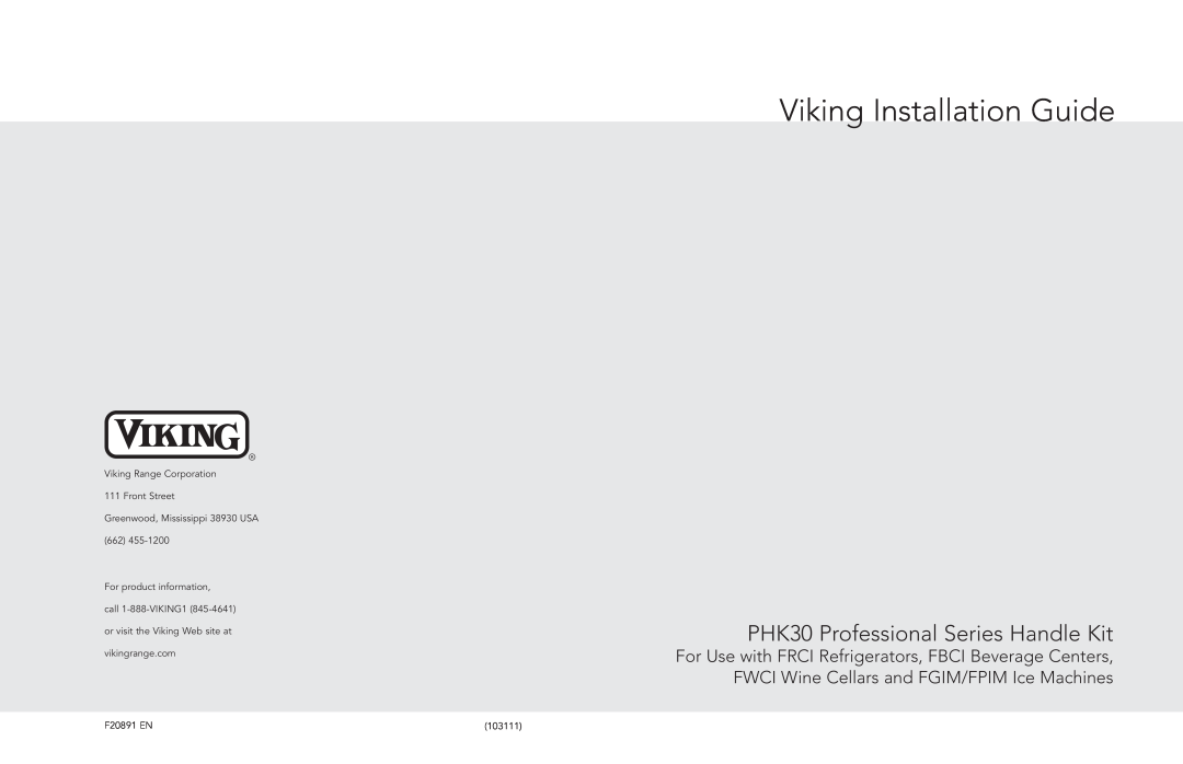 Viking phk30 professional series handle kit manual Viking Installation Guide, PHK30 Professional Series Handle Kit 