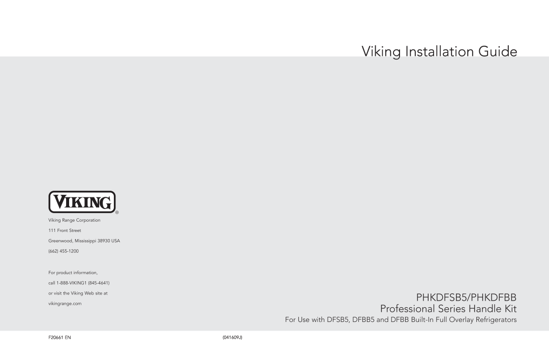 Viking manual Viking Installation Guide, PHKDFSB5/PHKDFBB Professional Series Handle Kit 