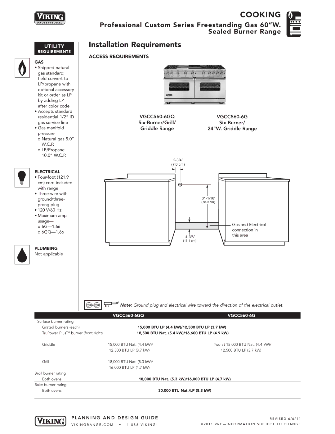 Viking professional custom series free standing gas 60"w sealed burner range manual Installation Requirements, VGCC560-6G 