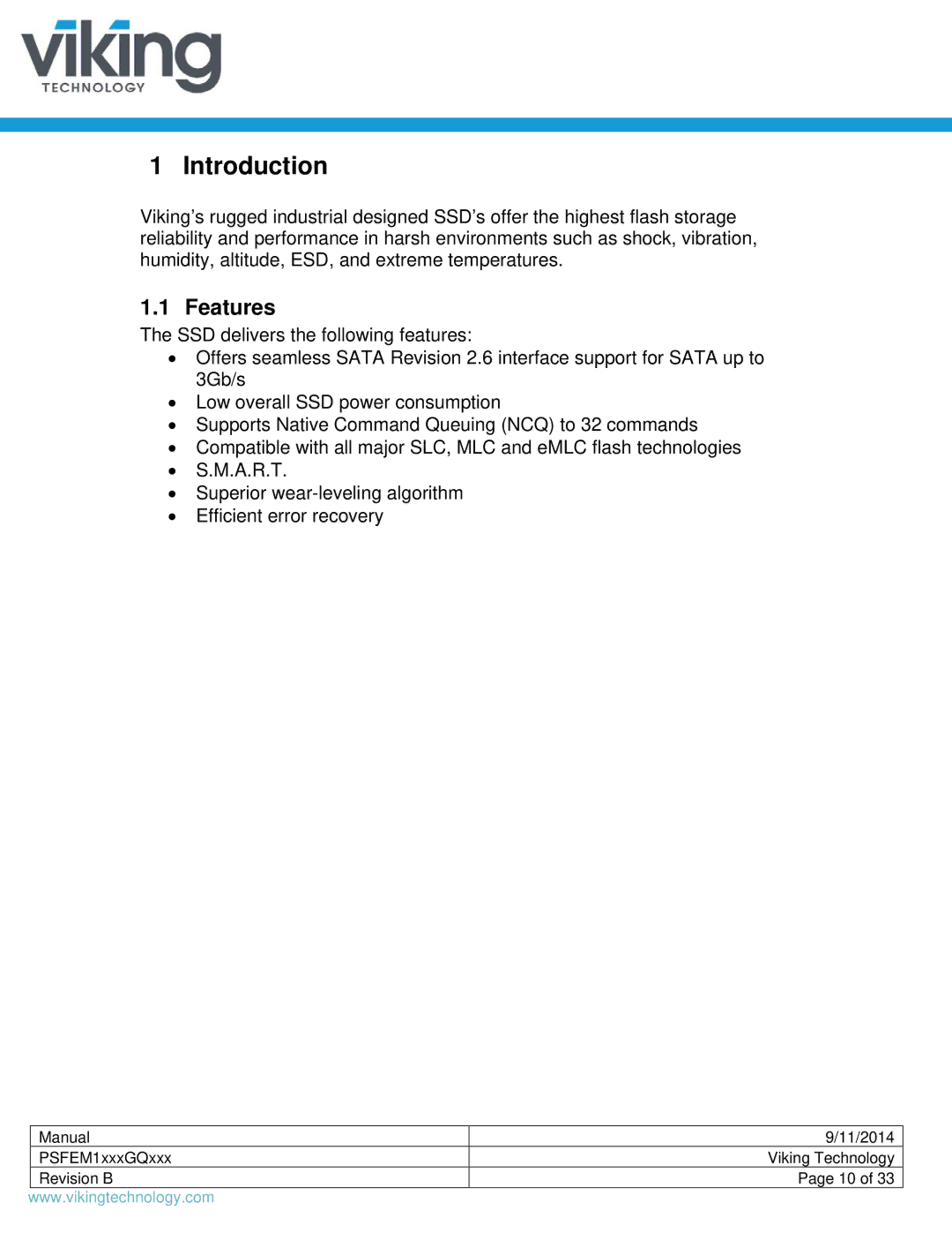 Viking PSFEM1xxxGQxxx manual Introduction, Features 