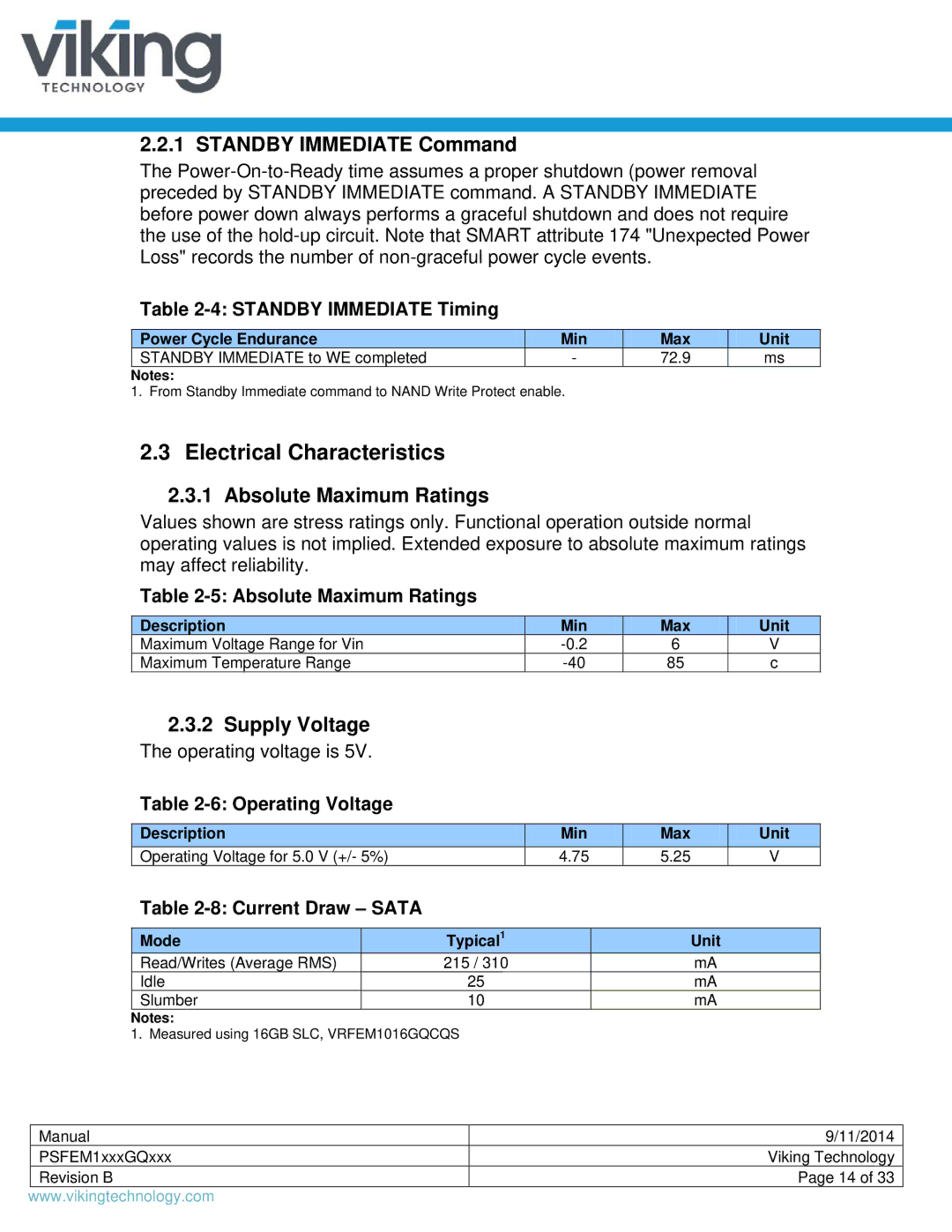 Viking PSFEM1xxxGQxxx Electrical Characteristics, Standby Immediate Command, Absolute Maximum Ratings, Supply Voltage 